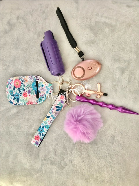 Safety Keychain Blue Floral or Purple Floral Safety Keychain