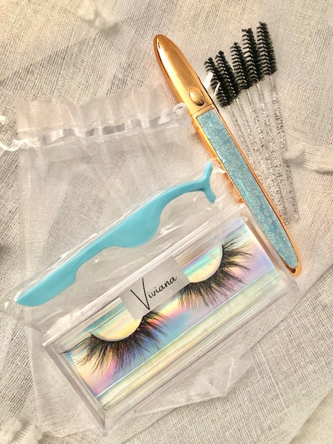 Viviana Lashes Complete Bundle Set Lashglue Eyeliner GlueLiner Applicator Spoolies Organza Bag Mink Lashes
