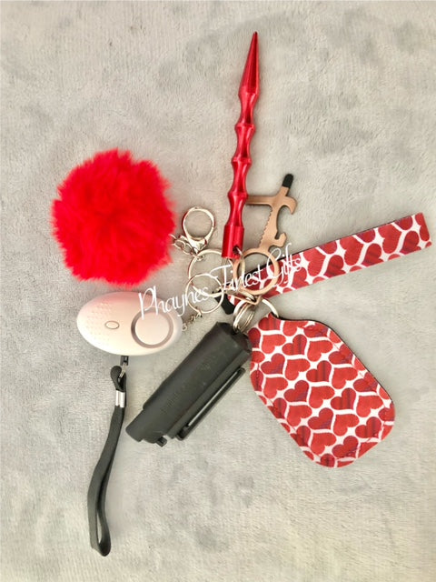Safety Keychain Red Hearts Themed Safety Keychain with Pepper Spray